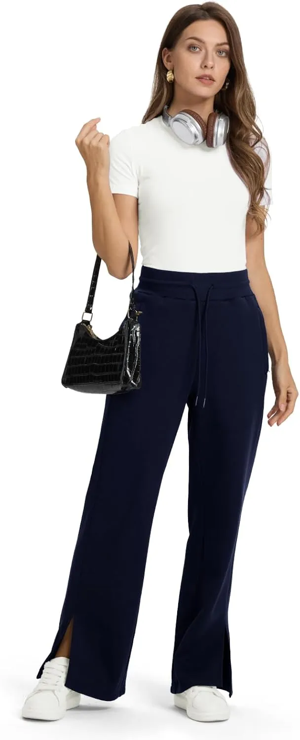 TBMPOY Women's Fleece Lined Sweatpants High Waisted Slit Wide Leg Baggy Pants Workout Lounge Drawstring Zipper Pockets