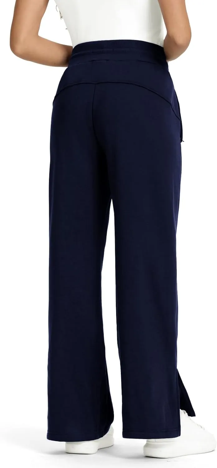 TBMPOY Women's Fleece Lined Sweatpants High Waisted Slit Wide Leg Baggy Pants Workout Lounge Drawstring Zipper Pockets