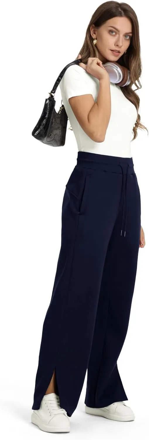 TBMPOY Women's Fleece Lined Sweatpants High Waisted Slit Wide Leg Baggy Pants Workout Lounge Drawstring Zipper Pockets
