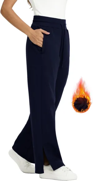 TBMPOY Women's Fleece Lined Sweatpants High Waisted Slit Wide Leg Baggy Pants Workout Lounge Drawstring Zipper Pockets