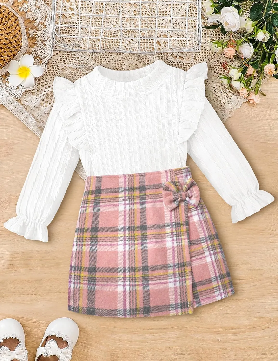 Toddler Girl Clothes, Kids Clothes 2 Piece Ruffle Sleeve Tops Mini Plaid Skirt Skort Fall Winter Outfits Set 3-7T