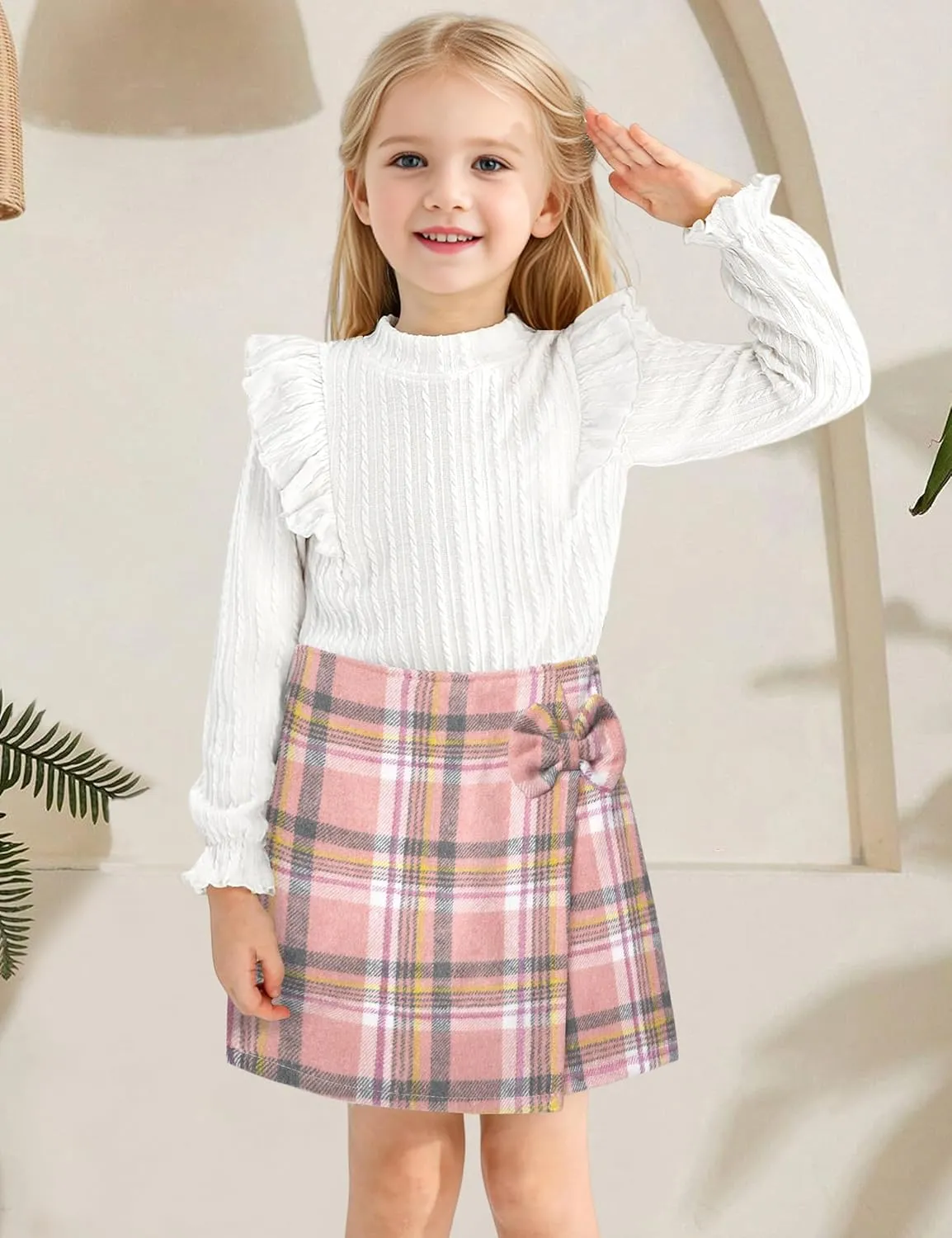 Toddler Girl Clothes, Kids Clothes 2 Piece Ruffle Sleeve Tops Mini Plaid Skirt Skort Fall Winter Outfits Set 3-7T