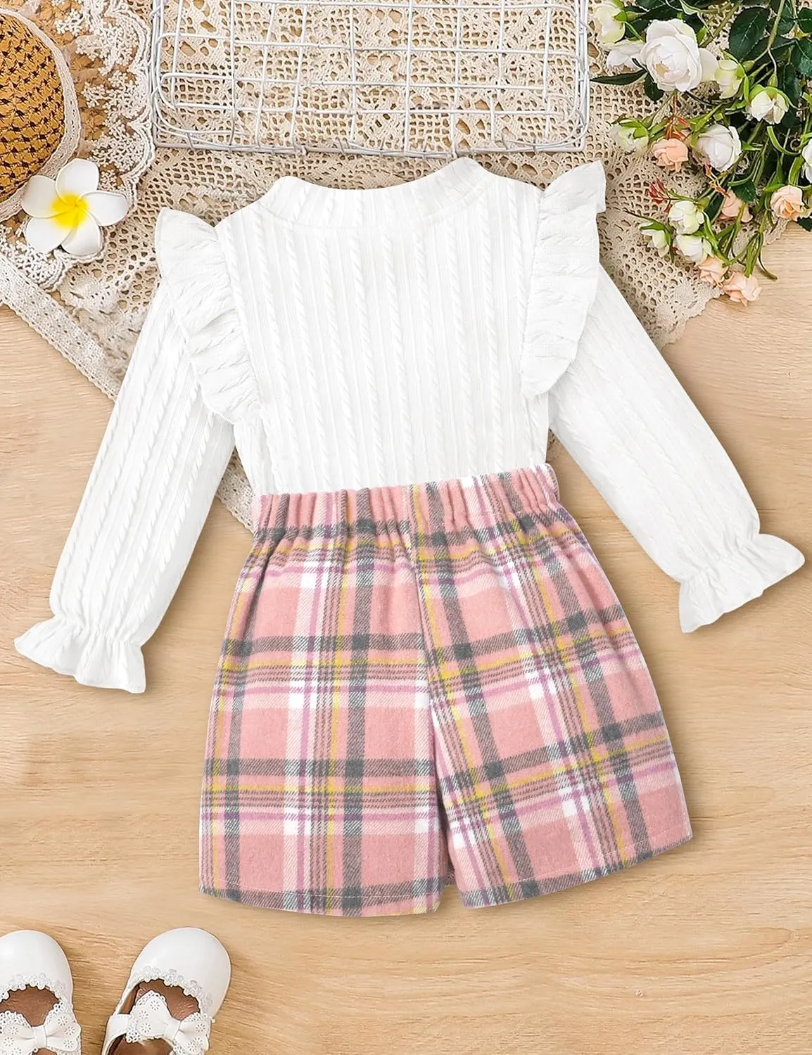 Toddler Girl Clothes, Kids Clothes 2 Piece Ruffle Sleeve Tops Mini Plaid Skirt Skort Fall Winter Outfits Set 3-7T