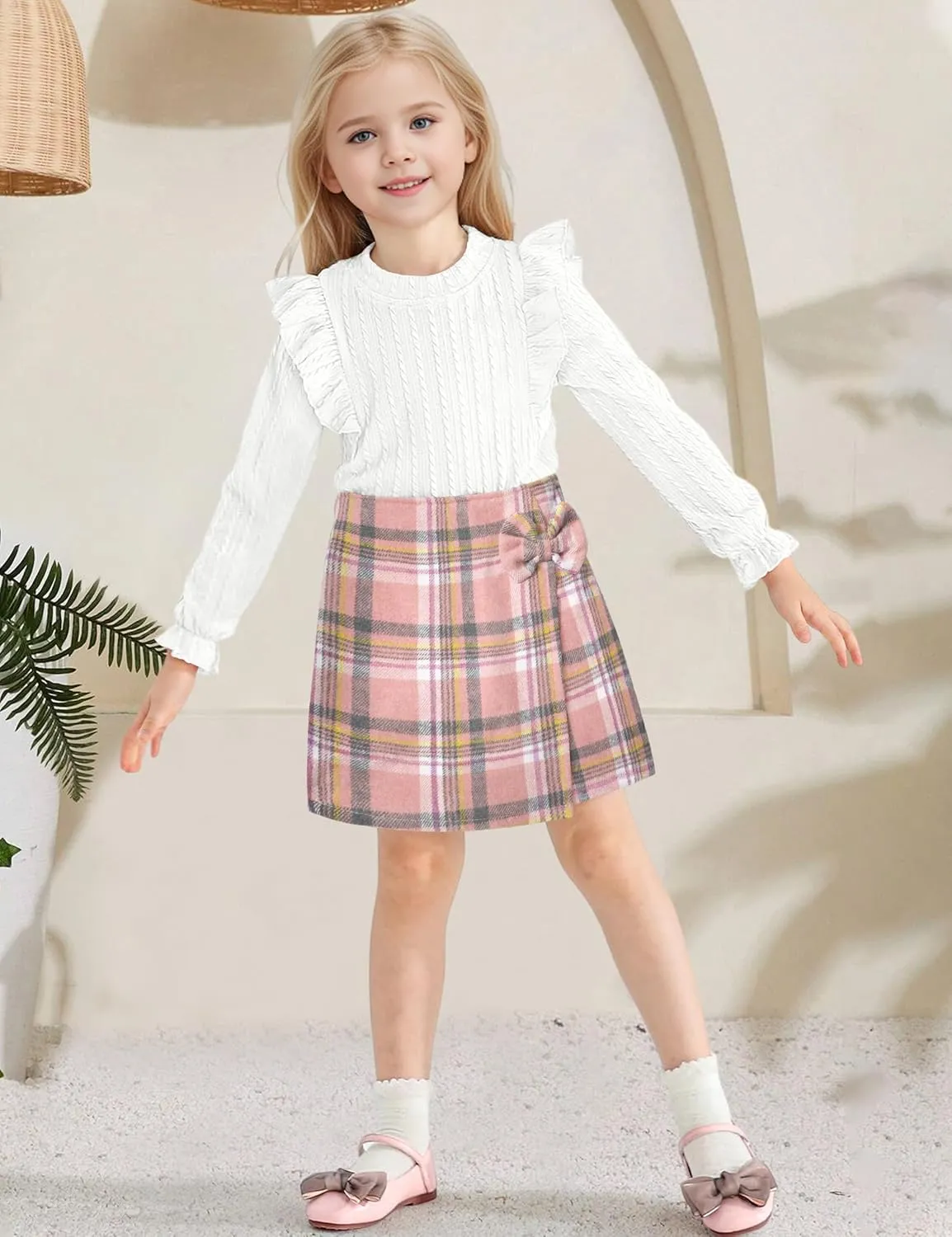 Toddler Girl Clothes, Kids Clothes 2 Piece Ruffle Sleeve Tops Mini Plaid Skirt Skort Fall Winter Outfits Set 3-7T