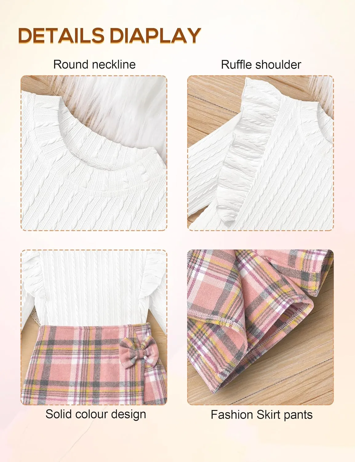 Toddler Girl Clothes, Kids Clothes 2 Piece Ruffle Sleeve Tops Mini Plaid Skirt Skort Fall Winter Outfits Set 3-7T