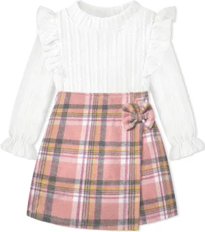 Toddler Girl Clothes, Kids Clothes 2 Piece Ruffle Sleeve Tops Mini Plaid Skirt Skort Fall Winter Outfits Set 3-7T