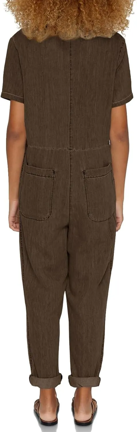 Tongmingyun Women's Short Sleeve Loose Jumpsuits V-Neck Button Up Casual Long Pants Romper