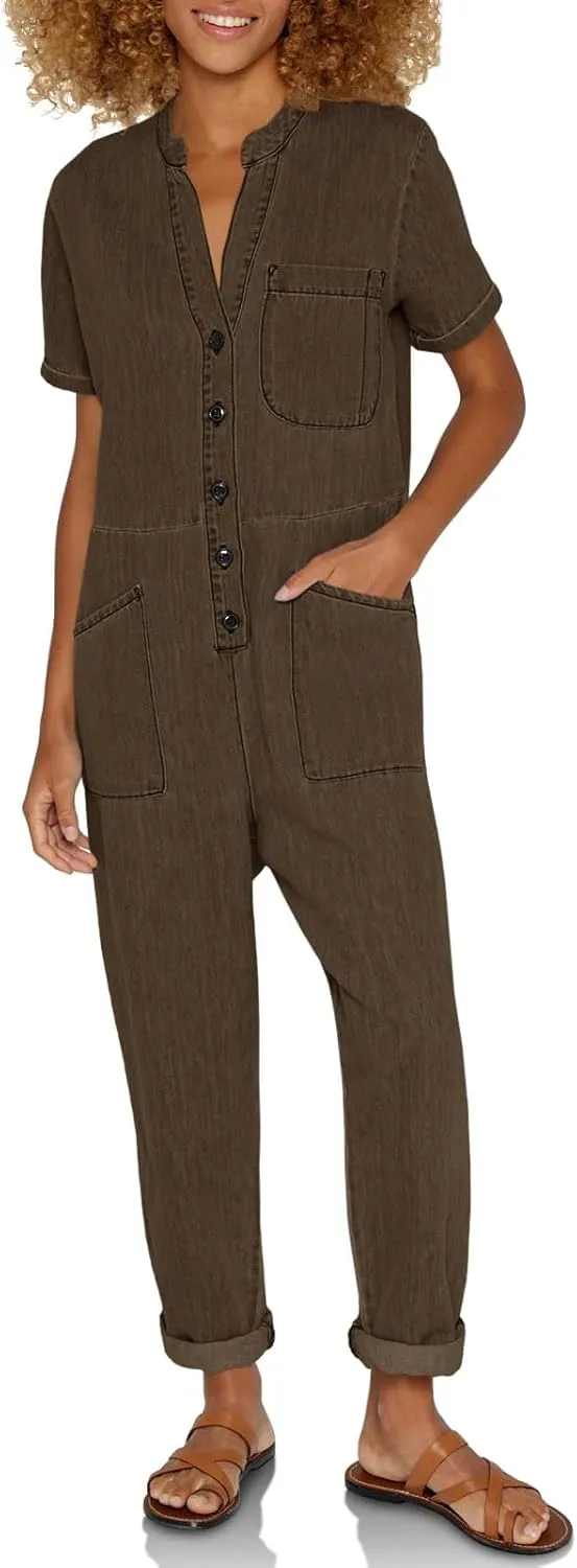 Tongmingyun Women's Short Sleeve Loose Jumpsuits V-Neck Button Up Casual Long Pants Romper