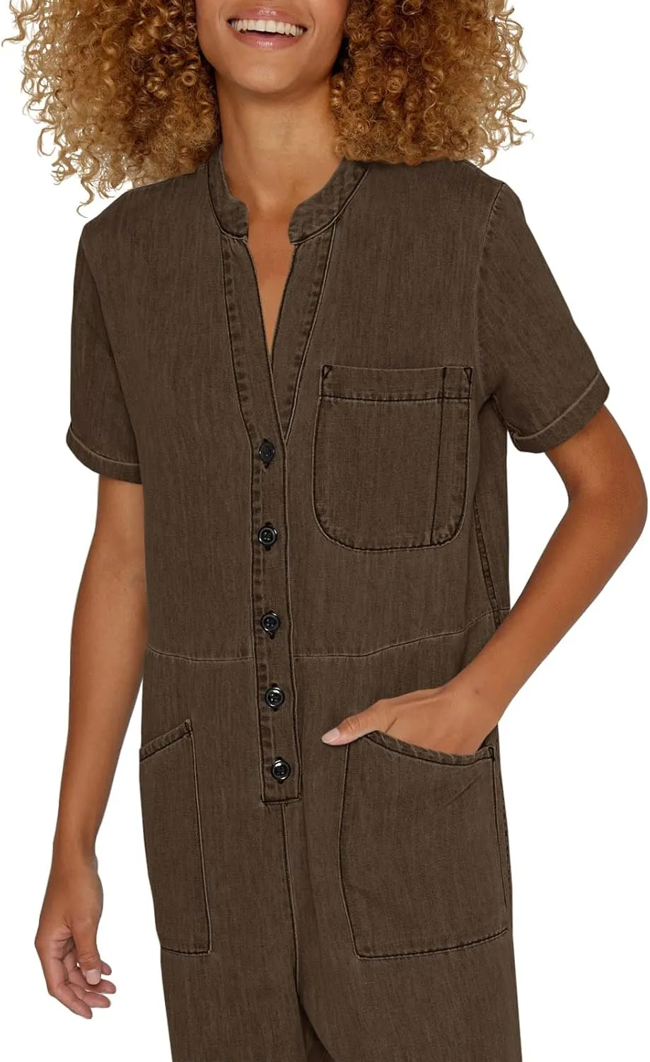 Tongmingyun Women's Short Sleeve Loose Jumpsuits V-Neck Button Up Casual Long Pants Romper