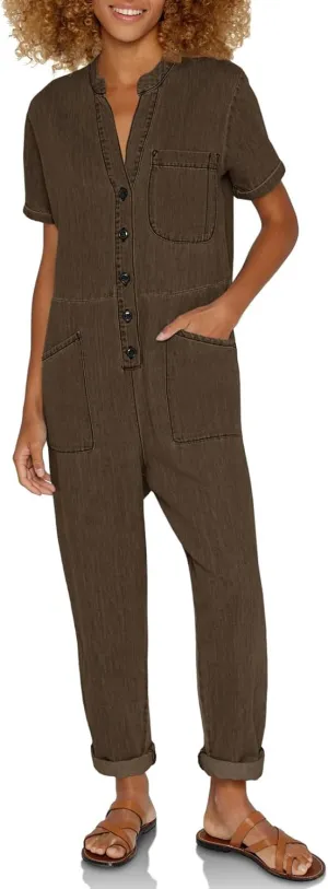 Tongmingyun Women's Short Sleeve Loose Jumpsuits V-Neck Button Up Casual Long Pants Romper