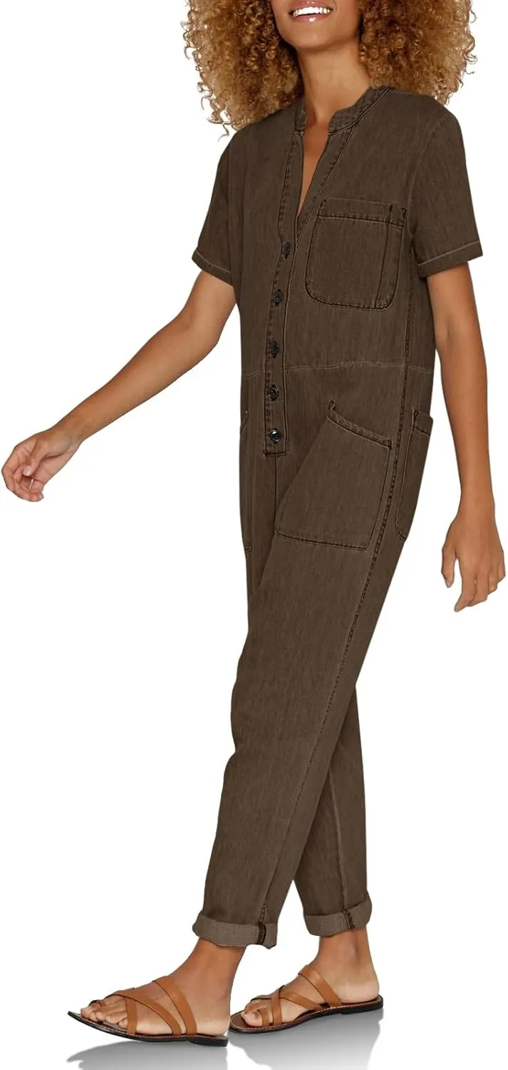 Tongmingyun Women's Short Sleeve Loose Jumpsuits V-Neck Button Up Casual Long Pants Romper