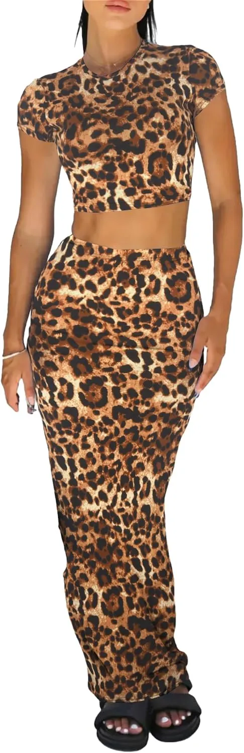 Two Piece Skirt Set for Women 2 PC Y2K Outfits Short Sleeve Crop Tops Bodycon High Waist Long Maxi Skirts