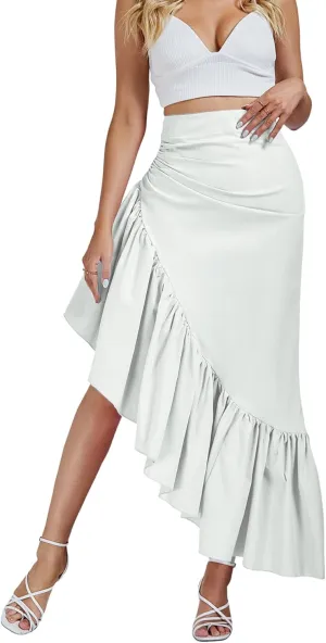 Umenlele Women's Ruched Ruffle High Low Asymmetrical Hem High Waist Midi Skirt
