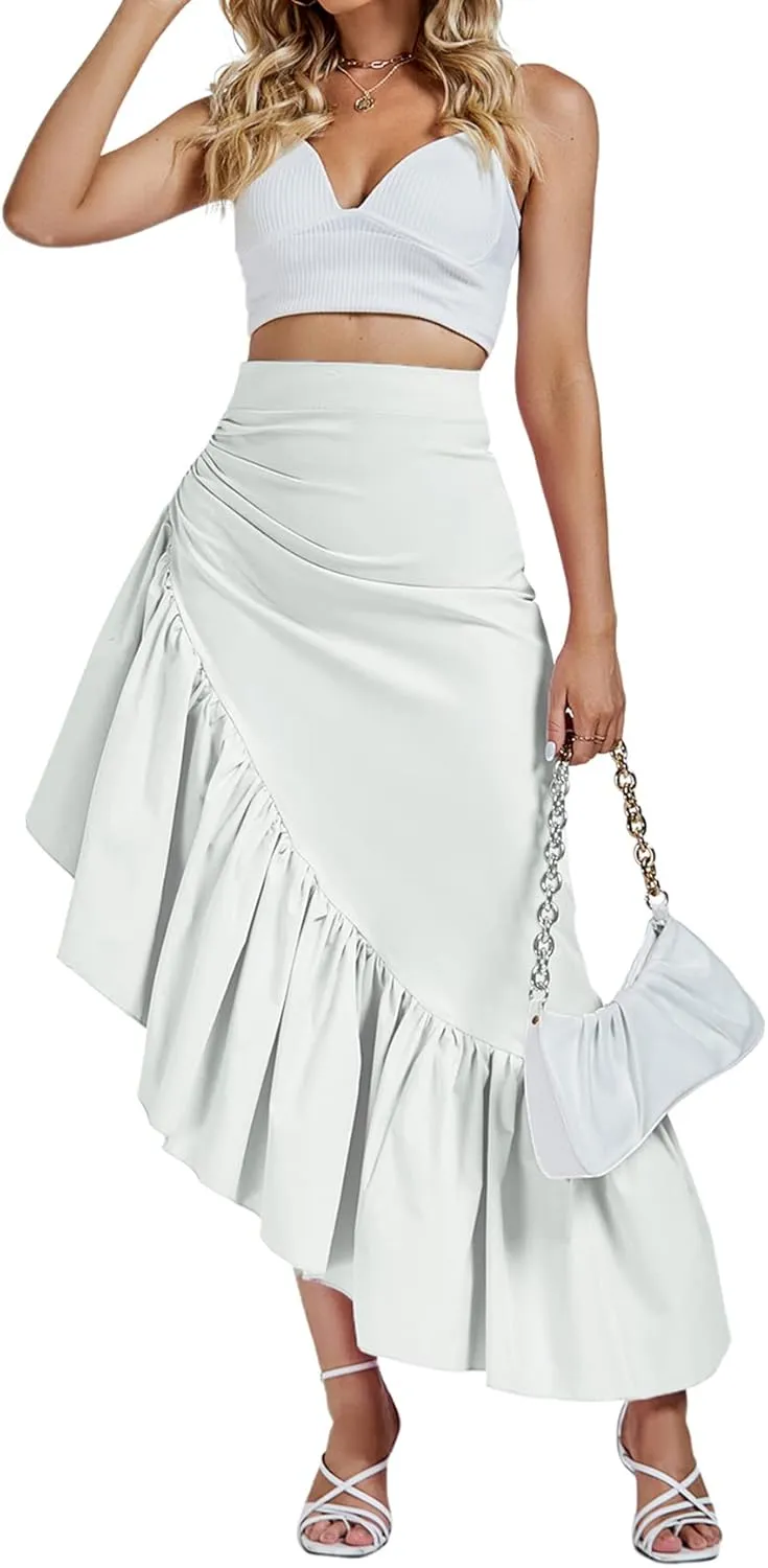 Umenlele Women's Ruched Ruffle High Low Asymmetrical Hem High Waist Midi Skirt