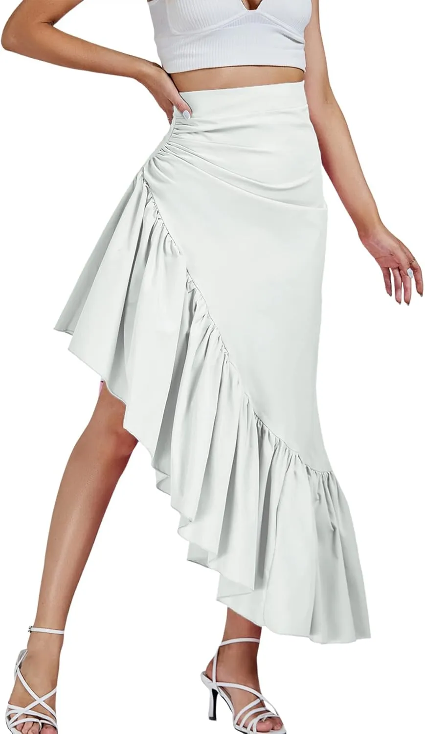 Umenlele Women's Ruched Ruffle High Low Asymmetrical Hem High Waist Midi Skirt