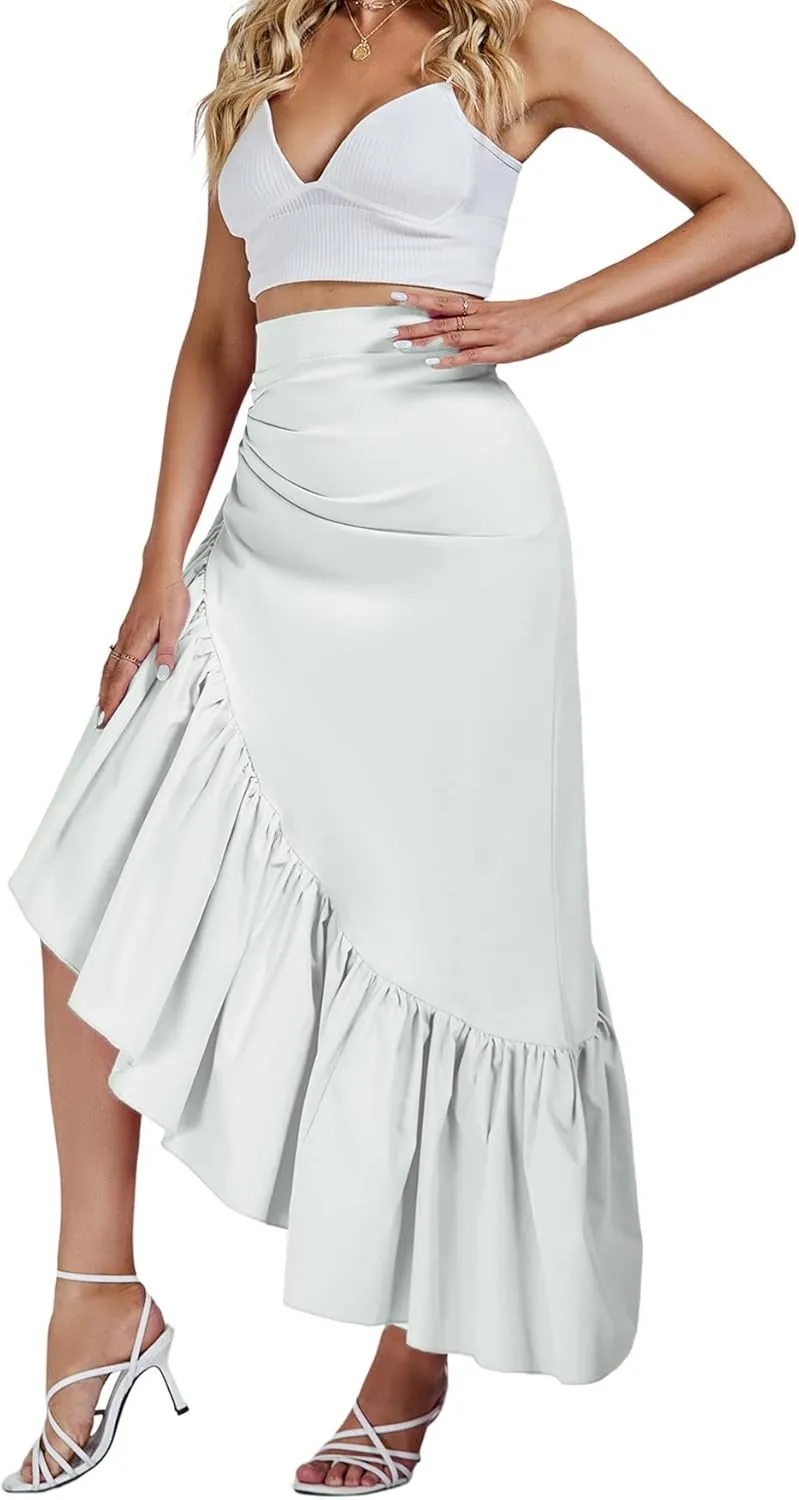 Umenlele Women's Ruched Ruffle High Low Asymmetrical Hem High Waist Midi Skirt