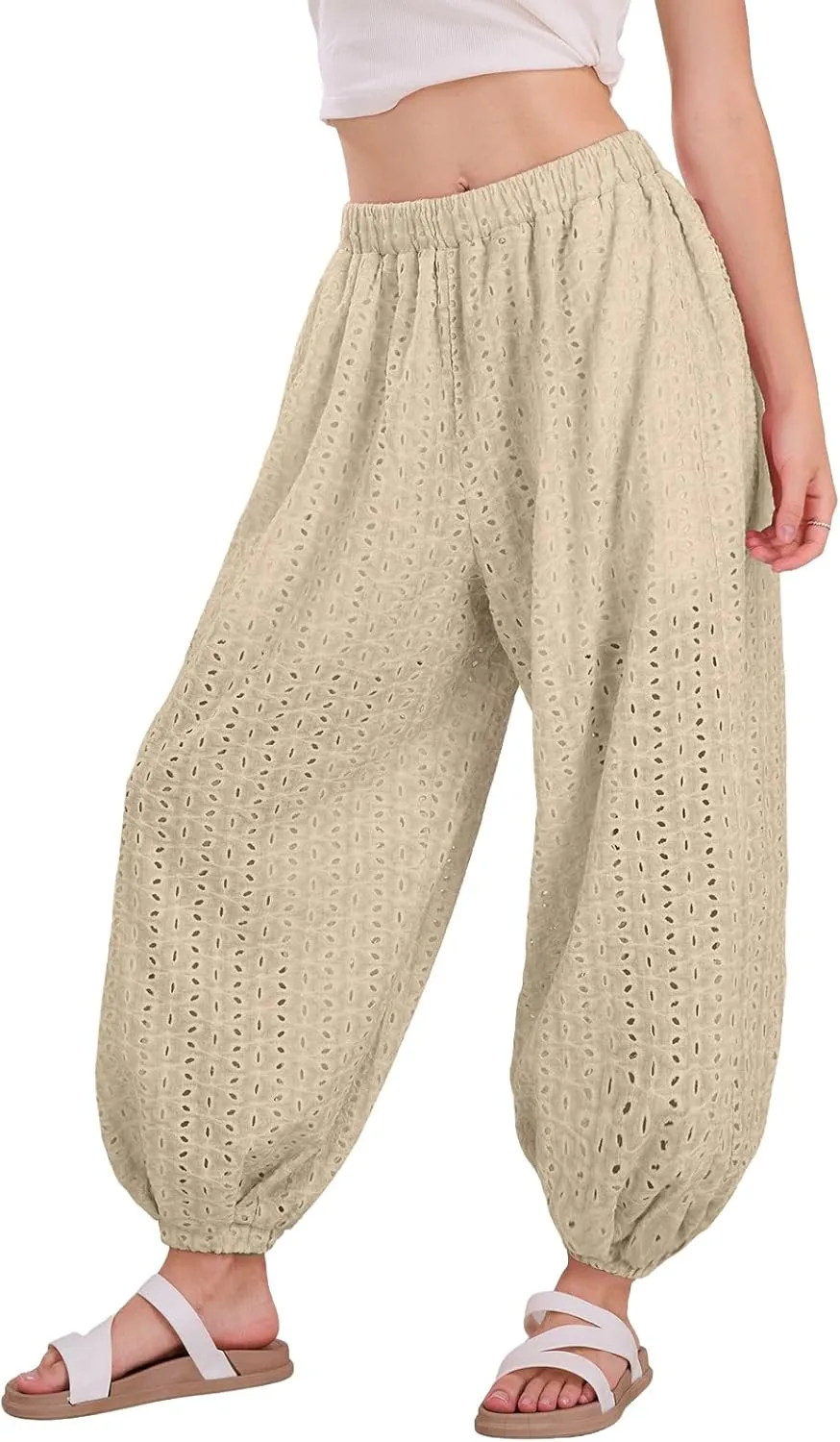 utcoco Womens Eyelet Lace Beach Palazzo Harem Pants Casual Loose Embroidery High Waist Cotton Trousers with Pockets