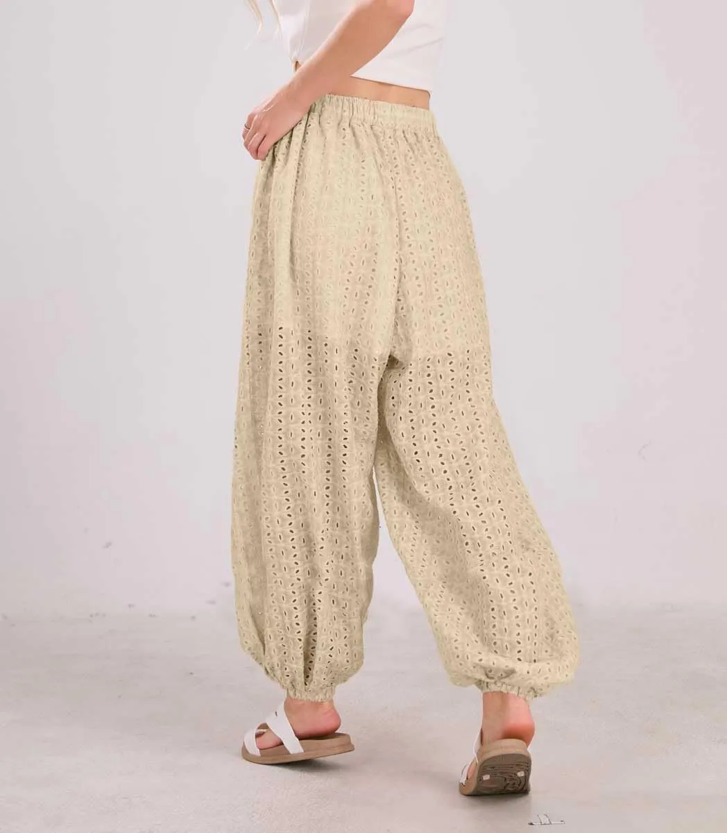 utcoco Womens Eyelet Lace Beach Palazzo Harem Pants Casual Loose Embroidery High Waist Cotton Trousers with Pockets