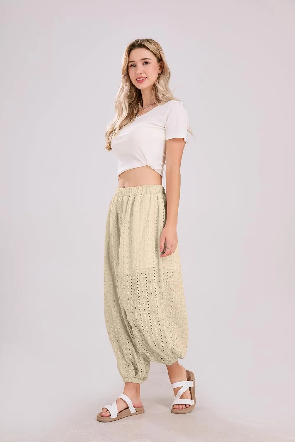 utcoco Womens Eyelet Lace Beach Palazzo Harem Pants Casual Loose Embroidery High Waist Cotton Trousers with Pockets