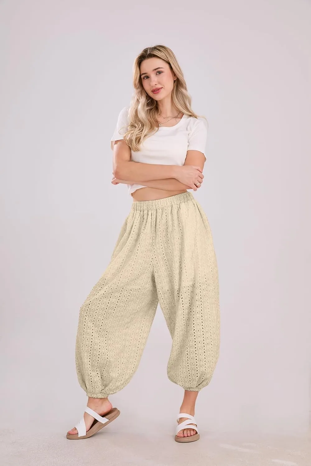 utcoco Womens Eyelet Lace Beach Palazzo Harem Pants Casual Loose Embroidery High Waist Cotton Trousers with Pockets