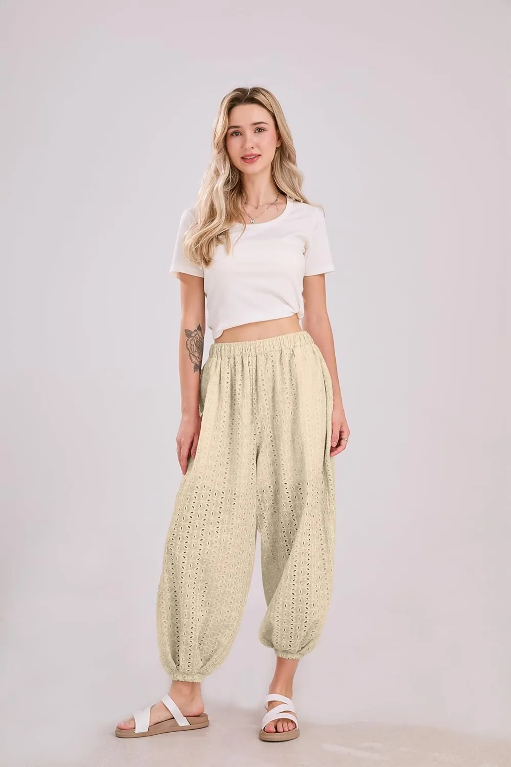 utcoco Womens Eyelet Lace Beach Palazzo Harem Pants Casual Loose Embroidery High Waist Cotton Trousers with Pockets