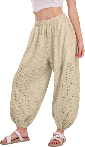 utcoco Womens Eyelet Lace Beach Palazzo Harem Pants Casual Loose Embroidery High Waist Cotton Trousers with Pockets