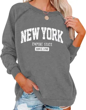 Vdnerjg Women's New York Letter Print Sweatshirt Crewneck Long Sleeve Casual Loose Fit Pullover Shirt