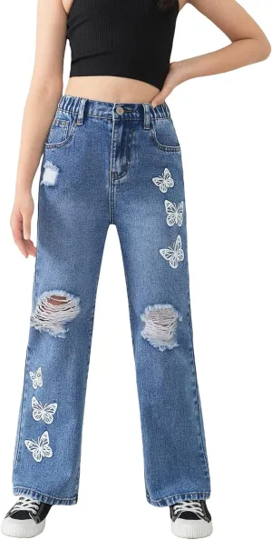 WDIRARA Girl's Flap Pocket Side High Waist Straight Leg Cargo Long Jeans Denim Pants