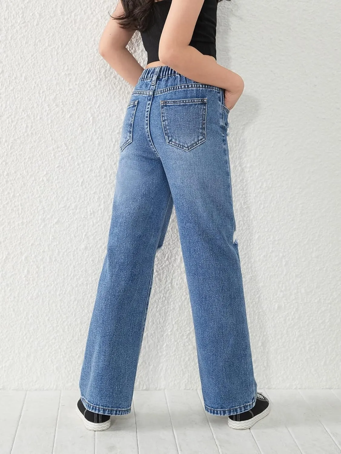 WDIRARA Girl's Flap Pocket Side High Waist Straight Leg Cargo Long Jeans Denim Pants