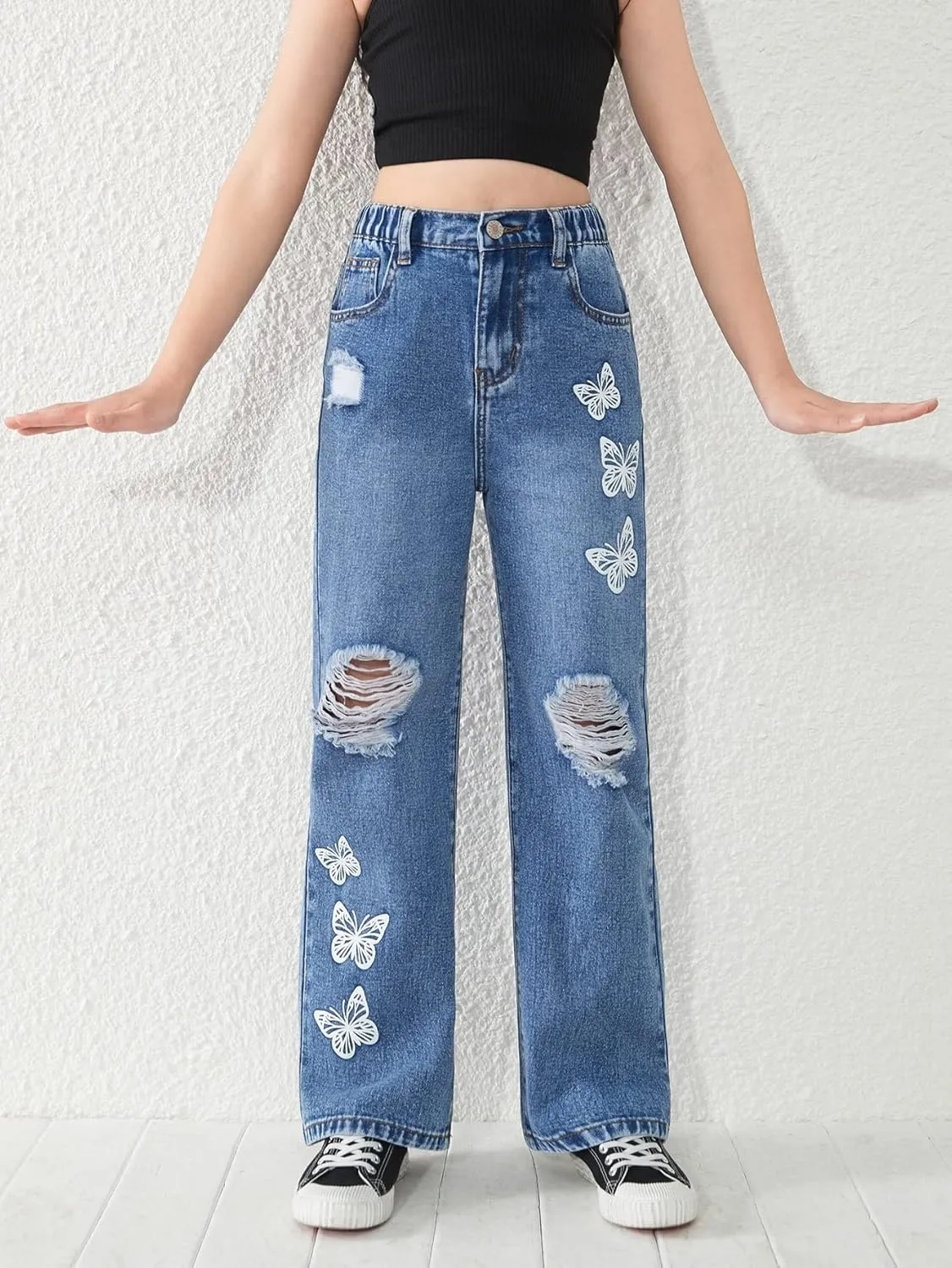 WDIRARA Girl's Flap Pocket Side High Waist Straight Leg Cargo Long Jeans Denim Pants