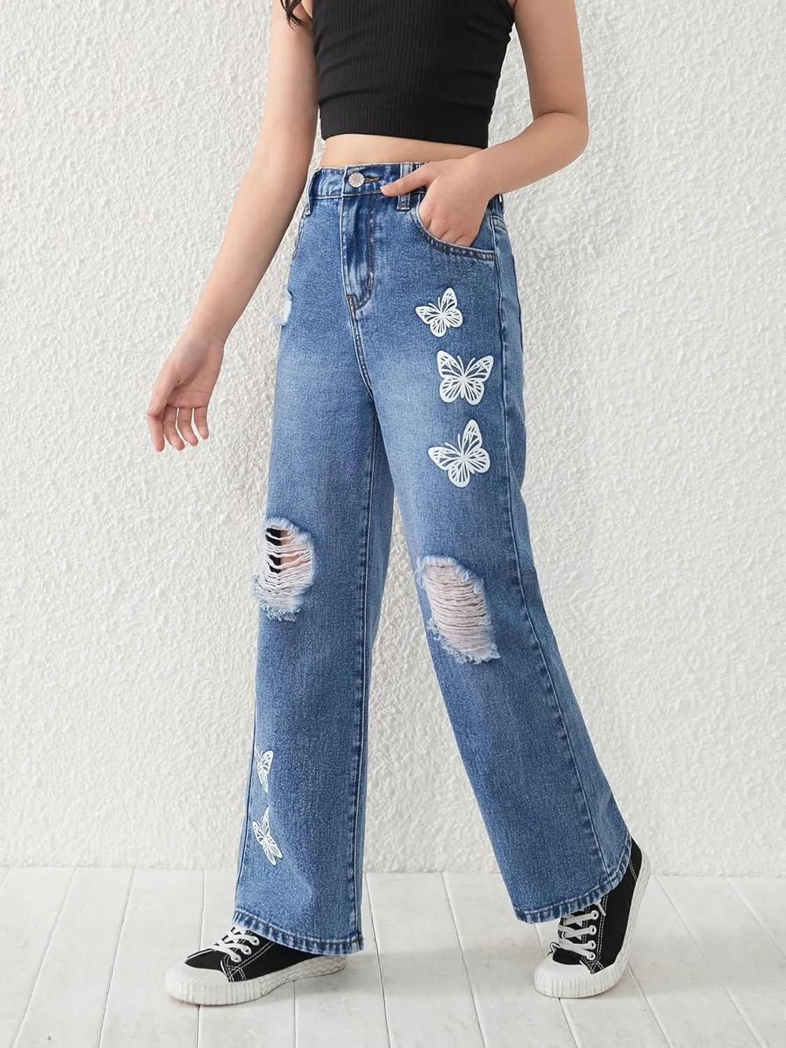 WDIRARA Girl's Flap Pocket Side High Waist Straight Leg Cargo Long Jeans Denim Pants