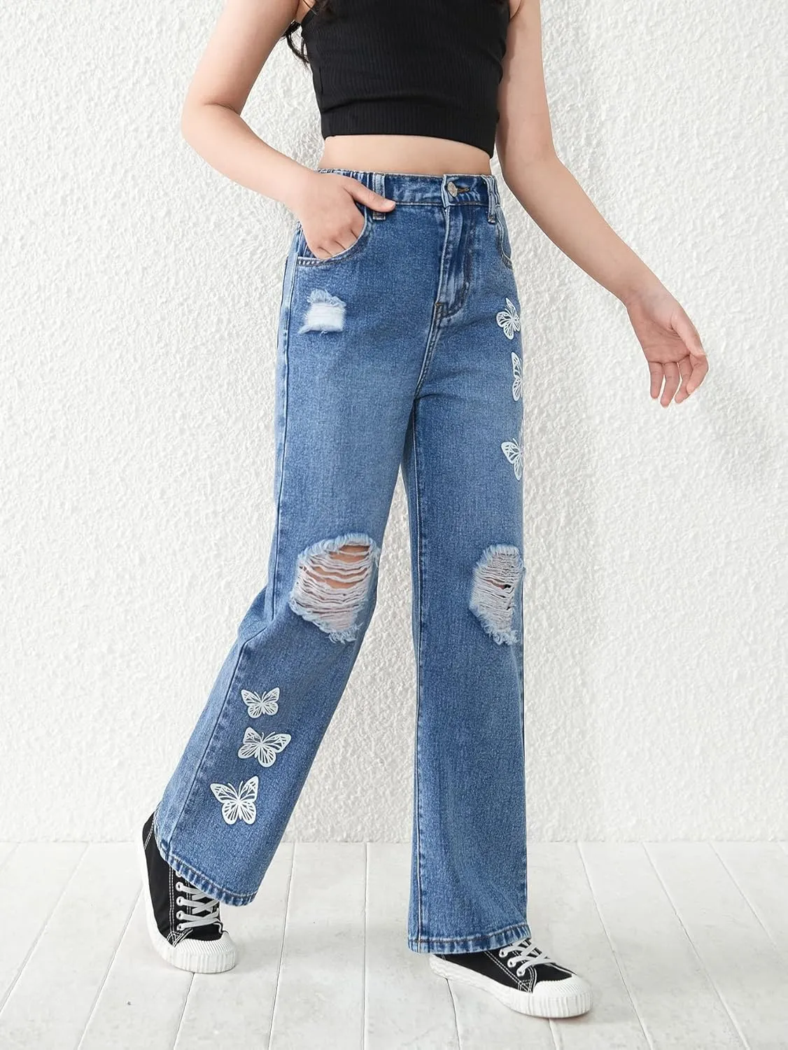 WDIRARA Girl's Flap Pocket Side High Waist Straight Leg Cargo Long Jeans Denim Pants