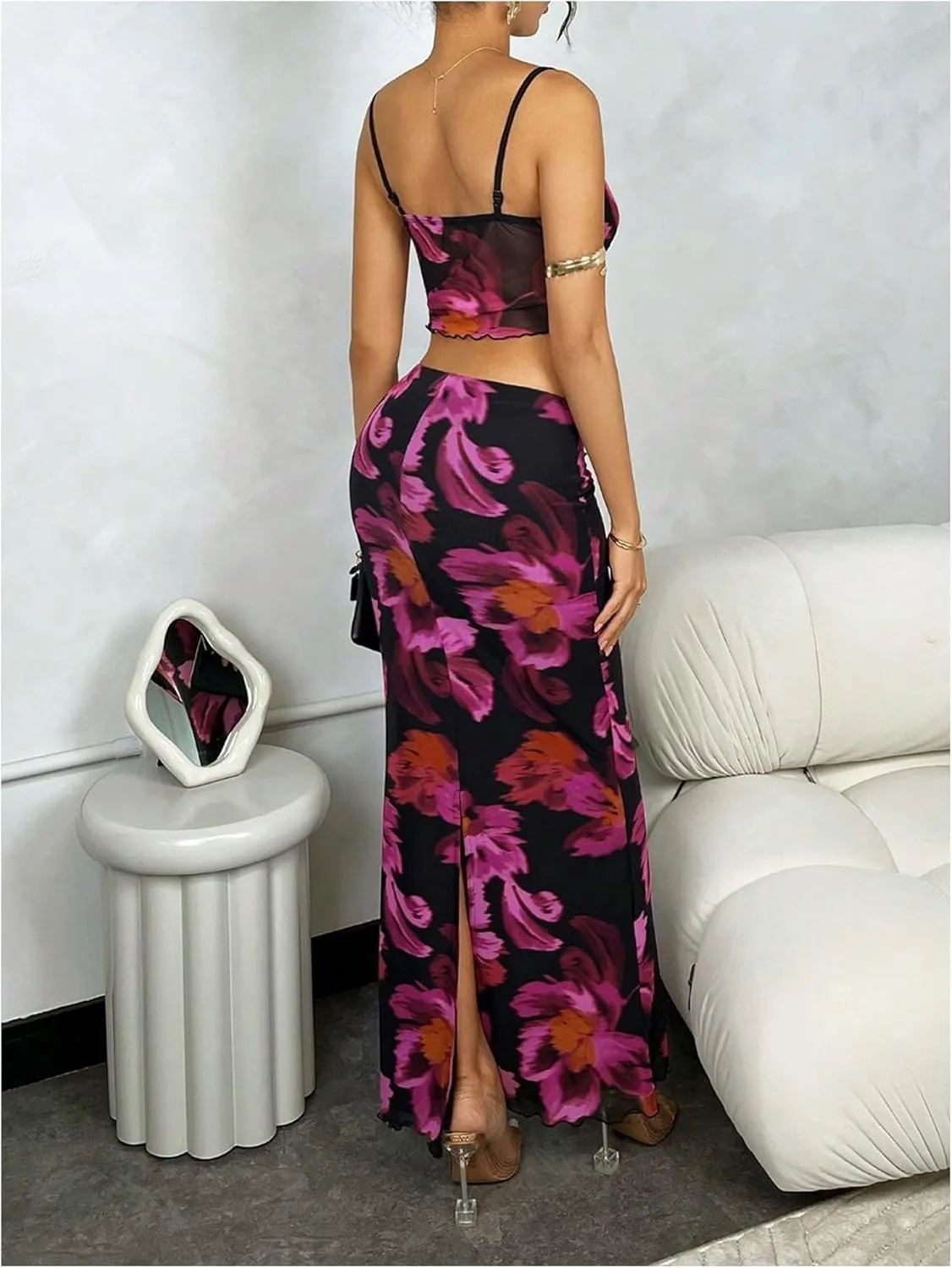 WDIRARA Women's 2 Piece Outfits Floral Mesh Sheer Maxi Skirt Sets and Sleeveless Camisole Top