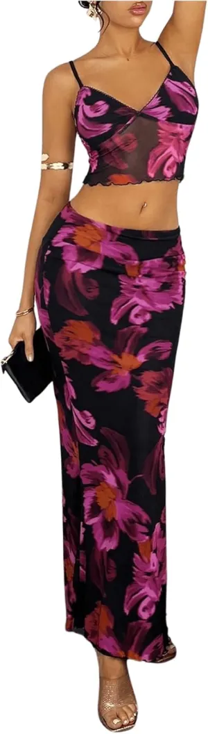 WDIRARA Women's 2 Piece Outfits Floral Mesh Sheer Maxi Skirt Sets and Sleeveless Camisole Top