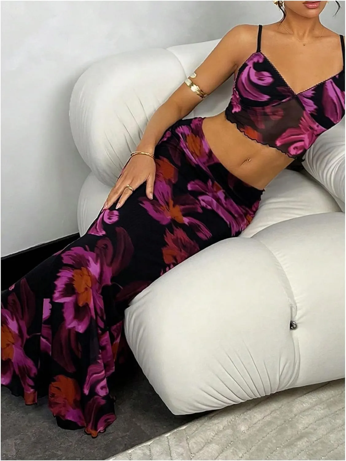 WDIRARA Women's 2 Piece Outfits Floral Mesh Sheer Maxi Skirt Sets and Sleeveless Camisole Top