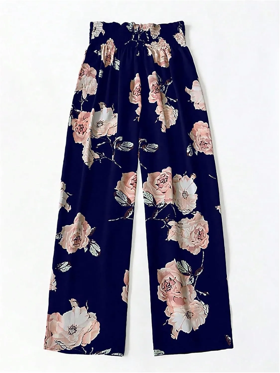 WDIRARA Women's Floral Print Boho Pants Elastic High Waist Bowtie Front Straight Leg Trousers
