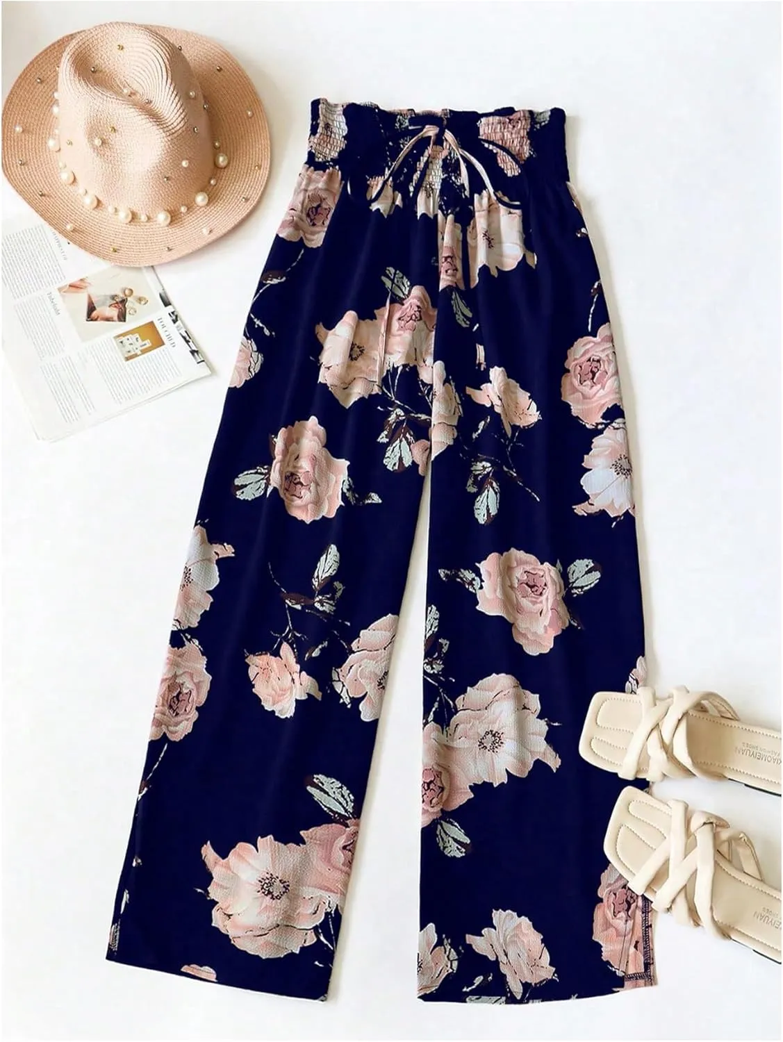 WDIRARA Women's Floral Print Boho Pants Elastic High Waist Bowtie Front Straight Leg Trousers