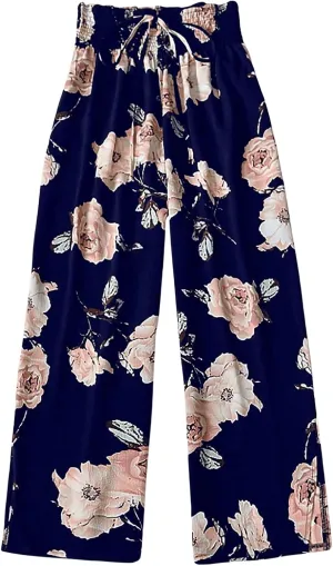 WDIRARA Women's Floral Print Boho Pants Elastic High Waist Bowtie Front Straight Leg Trousers