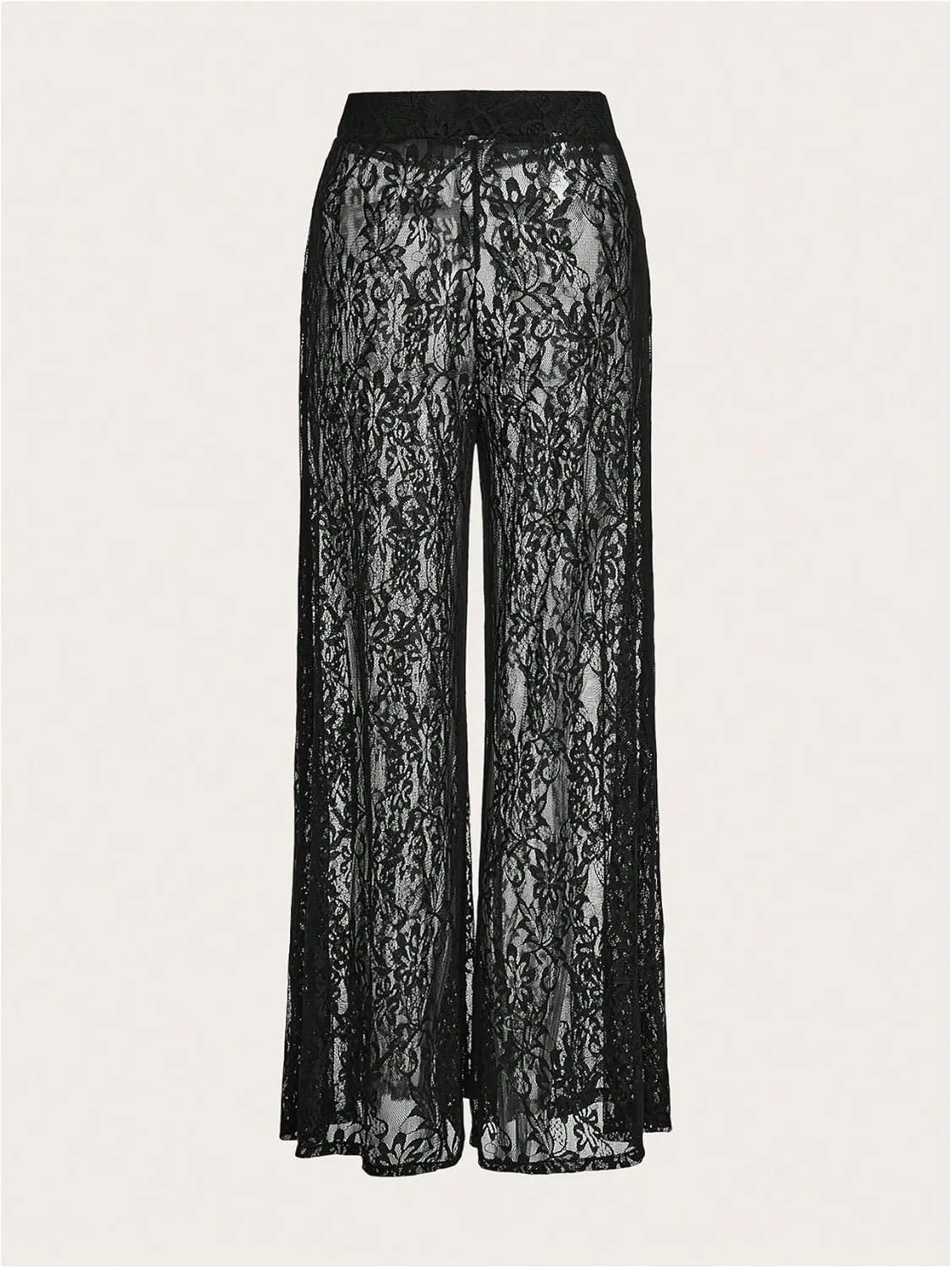 WDIRARA Women's Lace Sheer Mesh Pants High Rise Elastic Waist Trousers Wide Leg Bottoms