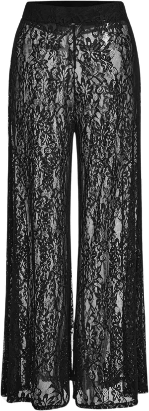WDIRARA Women's Lace Sheer Mesh Pants High Rise Elastic Waist Trousers Wide Leg Bottoms