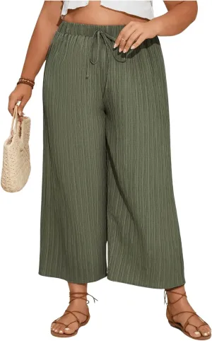 WDIRARA Women's Plus Size Tie Front Elastic Waistband Pants Wide Leg Loose Fit Trousers