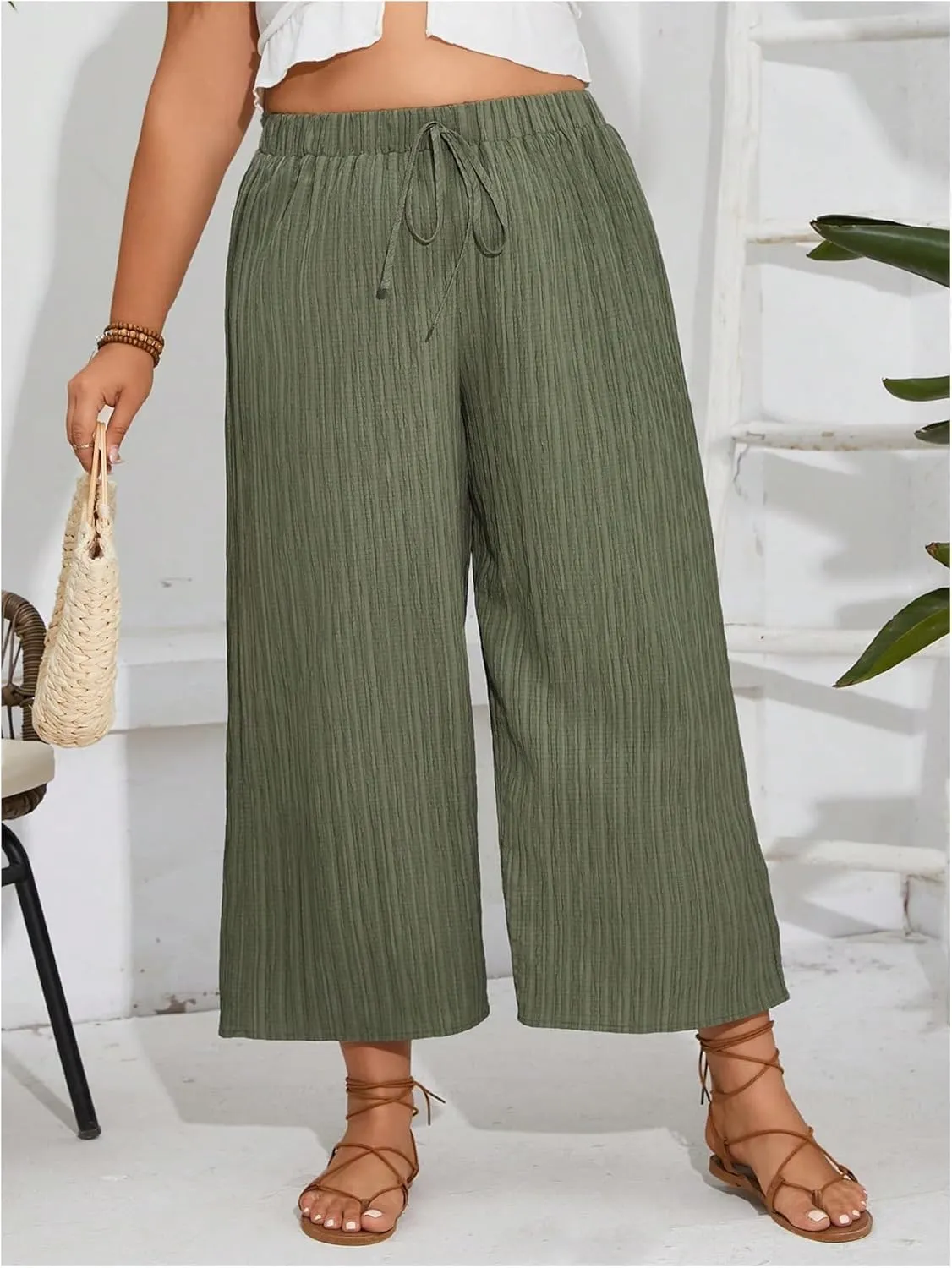 WDIRARA Women's Plus Size Tie Front Elastic Waistband Pants Wide Leg Loose Fit Trousers