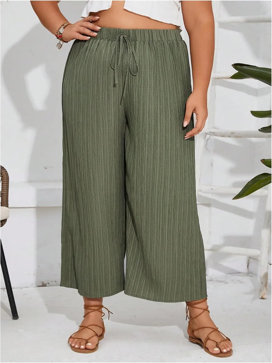 WDIRARA Women's Plus Size Tie Front Elastic Waistband Pants Wide Leg Loose Fit Trousers