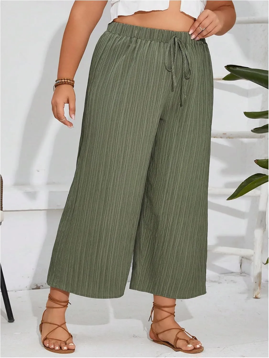 WDIRARA Women's Plus Size Tie Front Elastic Waistband Pants Wide Leg Loose Fit Trousers