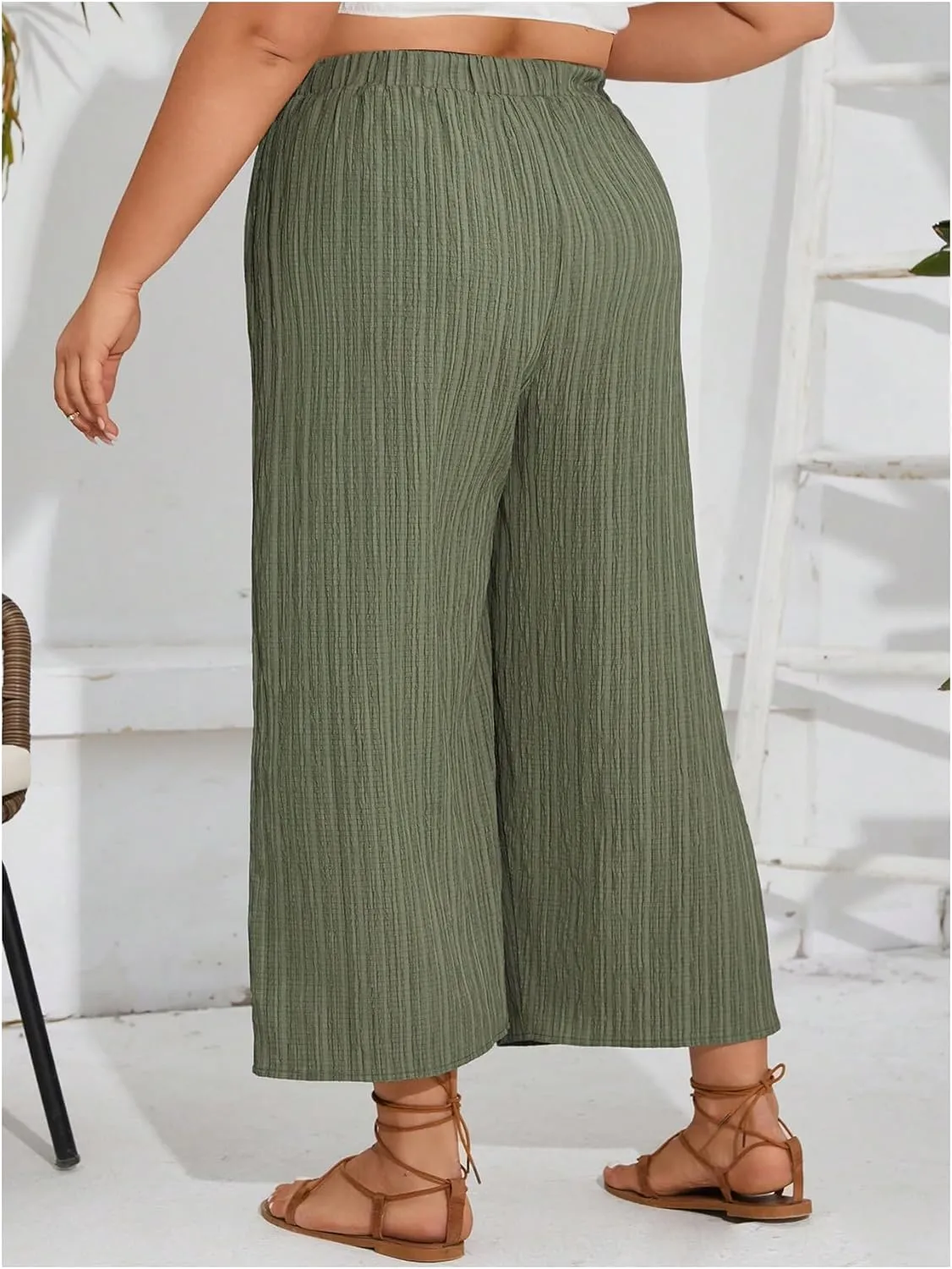 WDIRARA Women's Plus Size Tie Front Elastic Waistband Pants Wide Leg Loose Fit Trousers