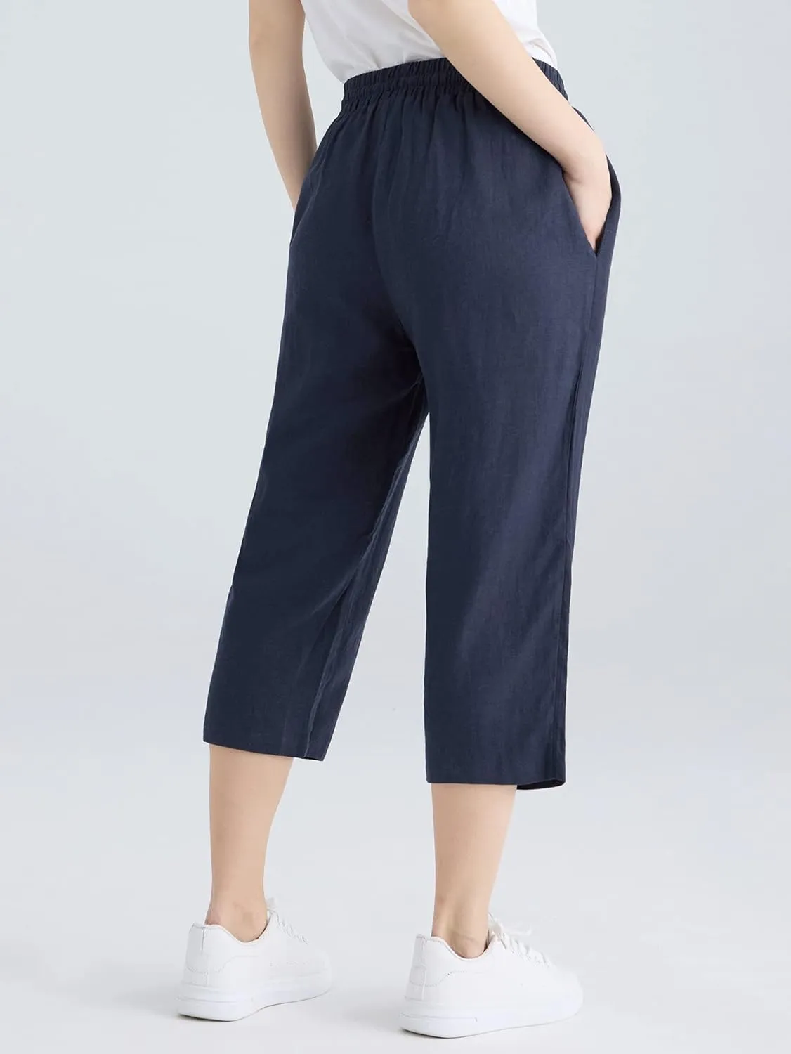 Weintee Women's Linen Crop Pants Capris with Pockets