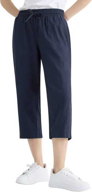 Weintee Women's Linen Crop Pants Capris with Pockets