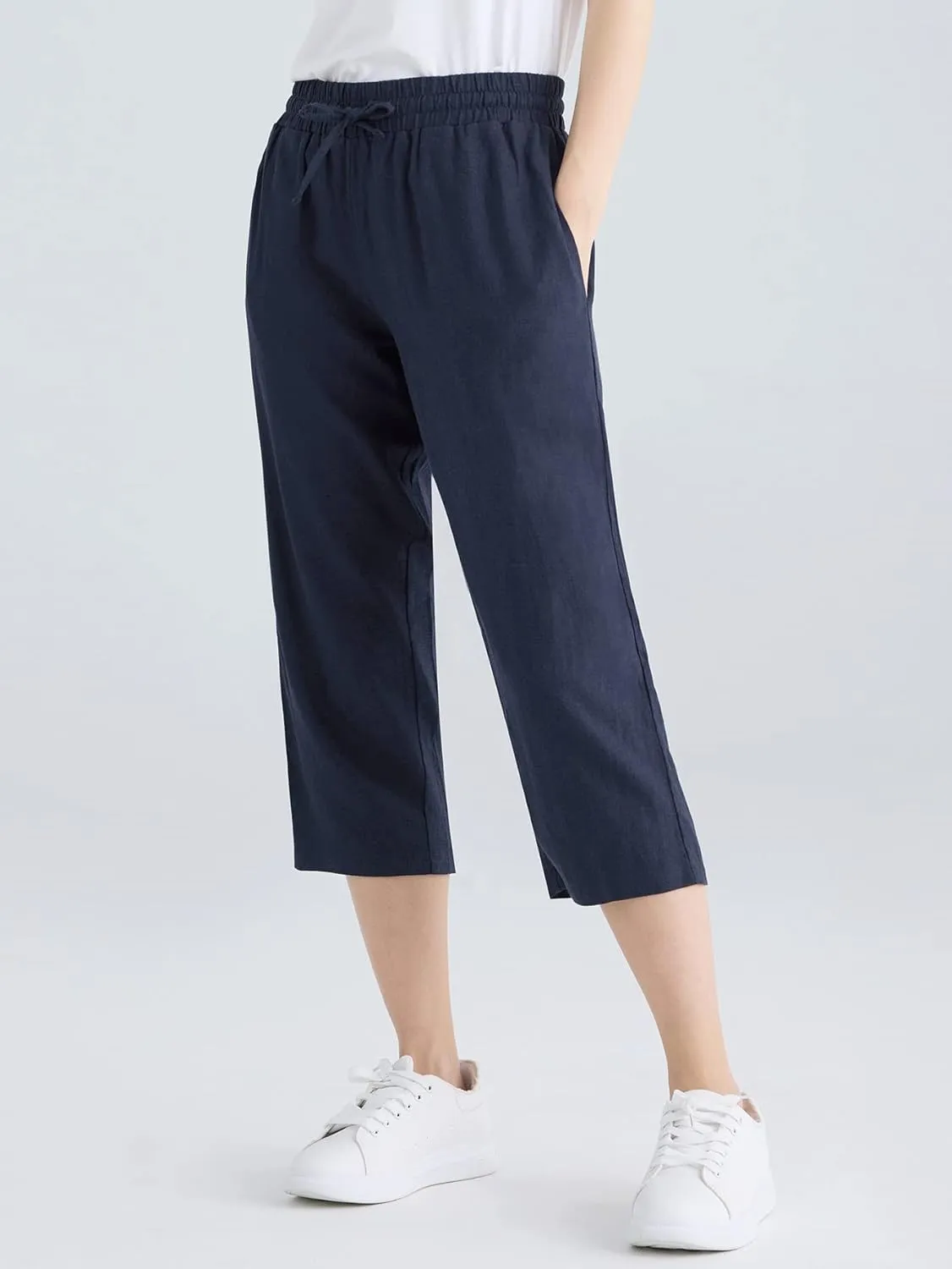 Weintee Women's Linen Crop Pants Capris with Pockets