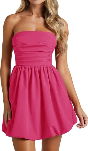 Wenrine Women's Sexy Strapless Summer Mini Dress Sleeveless Smocked A Lined Bubble Wedding Club Party Dress