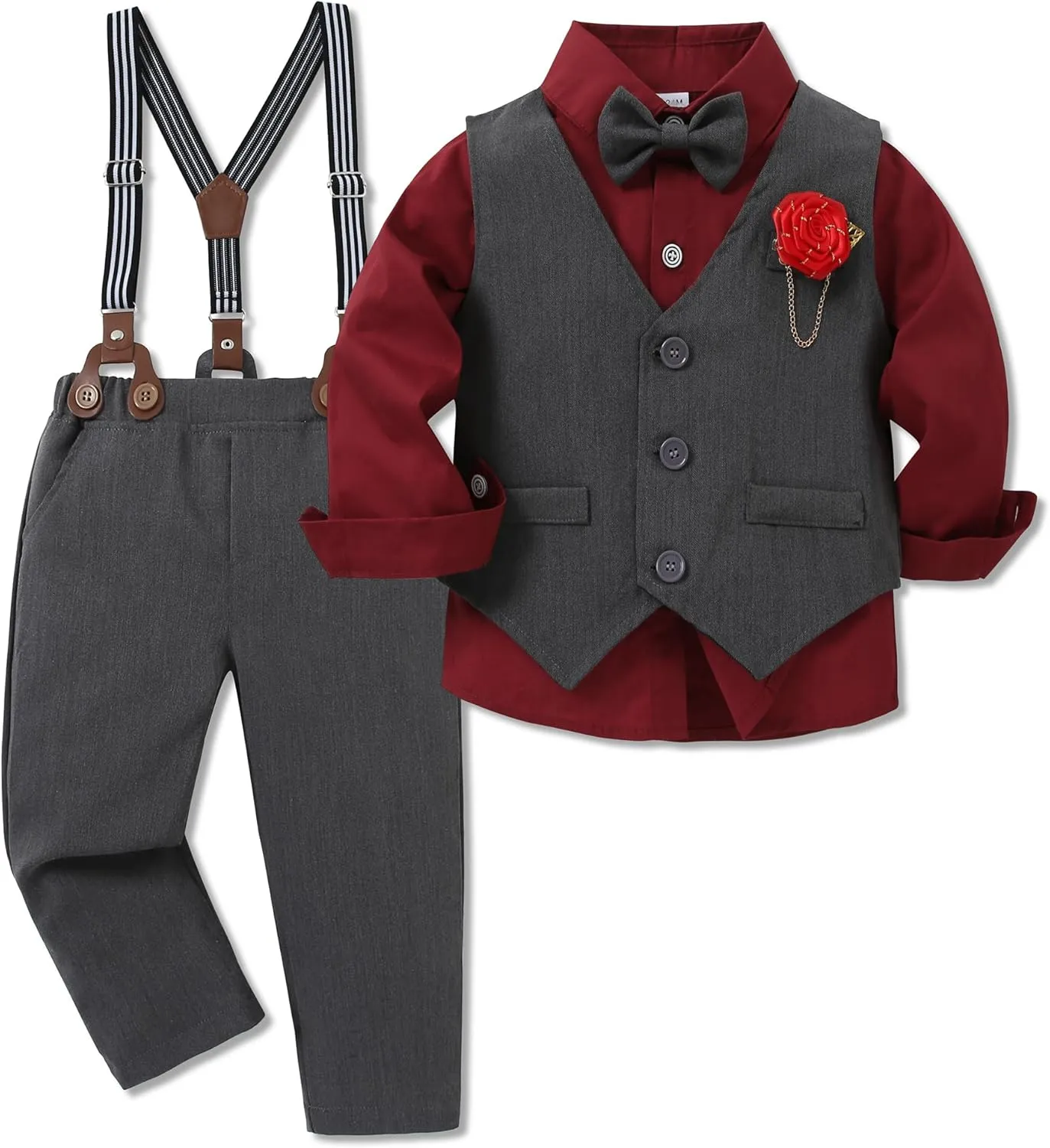 WESIDOM Toddler Boy Clothes Suit Formal Dress Shirt Bowtie Vest Boutonniere Suspender Pants Boys Gentleman Outfits Set